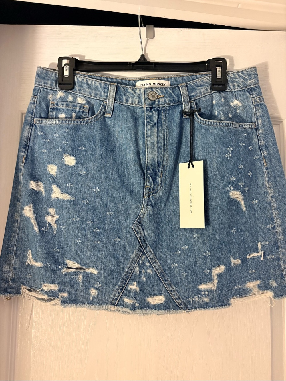Flying Monkey Light Blue Distressed Denim Mini Skirt